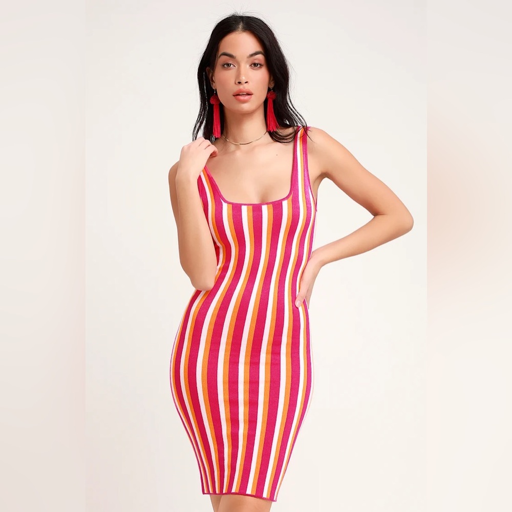 Lulus Nayeli Hot Pink Multi Striped Sleeveless Bodycon Sweater Dress - M